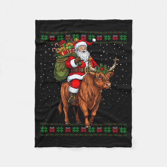 Santa Riding Highland Cow Ugly Christmas Sweater  Fleece Blanket (Front)