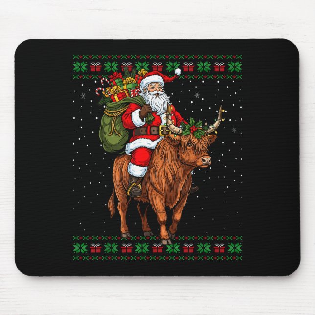 Santa Riding Highland Cow Ugly Christmas Sweater  Mouse Mat (Front)