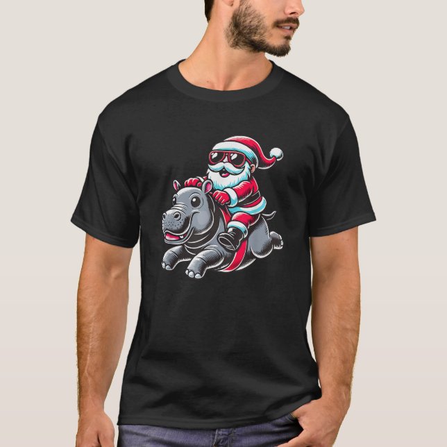 Santa Riding Hippopotamus Christmas Hippo Xmas  T-Shirt (Front)