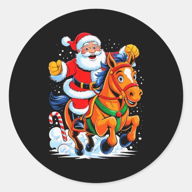 Santa Riding Horse Funny Equestrian Christmas Xmas Classic Round Sticker (Front)
