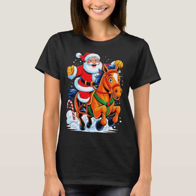 Santa Riding Horse Funny Equestrian Christmas Xmas T-Shirt (Front)