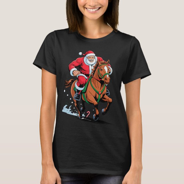 Santa Riding Horse Funny Equestrian Christmas Xmas T-Shirt (Front)