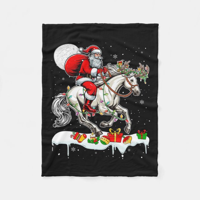 Santa Riding Horse Reindeer Xmas Farm Animal Lover Fleece Blanket (Front)