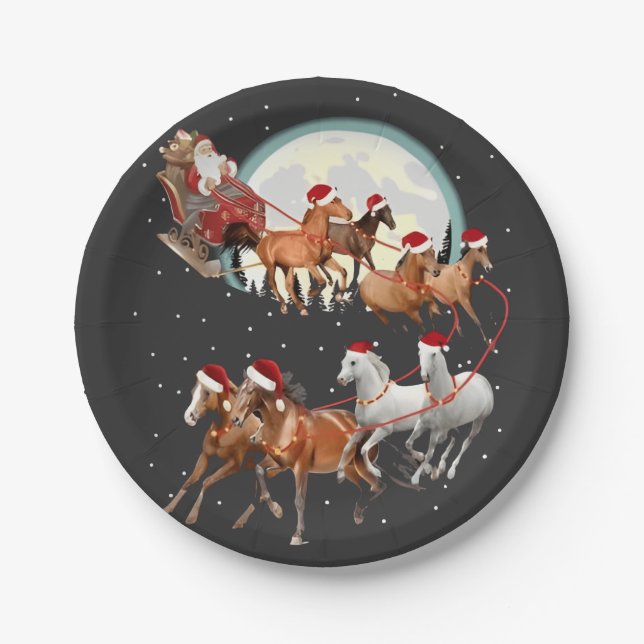 Santa Riding Horses Horse Sleigh Equestrian  Paper Plate (Front)