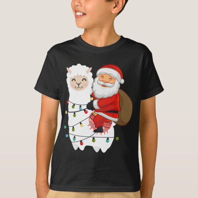 Santa Riding Llama Christmas Lights X-Mas Pajama T-Shirt (Front)