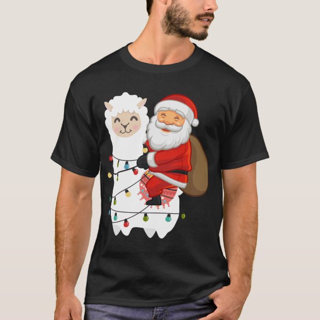 Santa Riding Llama Christmas Lights X-Mas Pajama T-Shirt (Front)