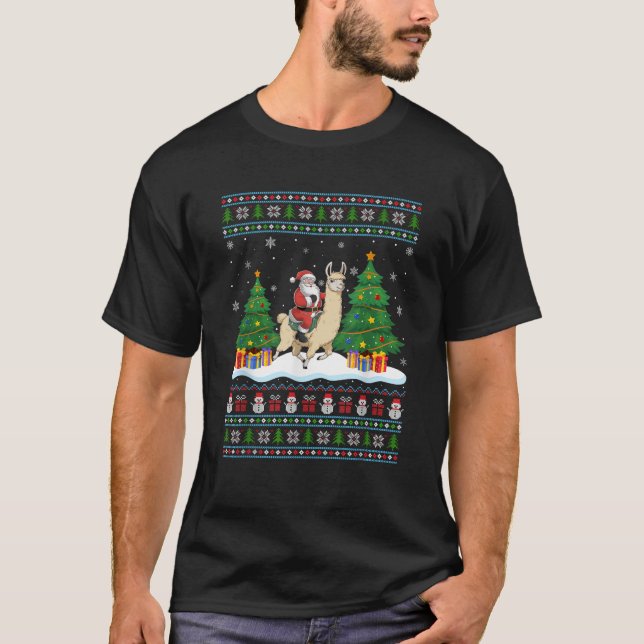 Santa Riding Llama Tree Lights Ugly Christmas Swea T-Shirt (Front)