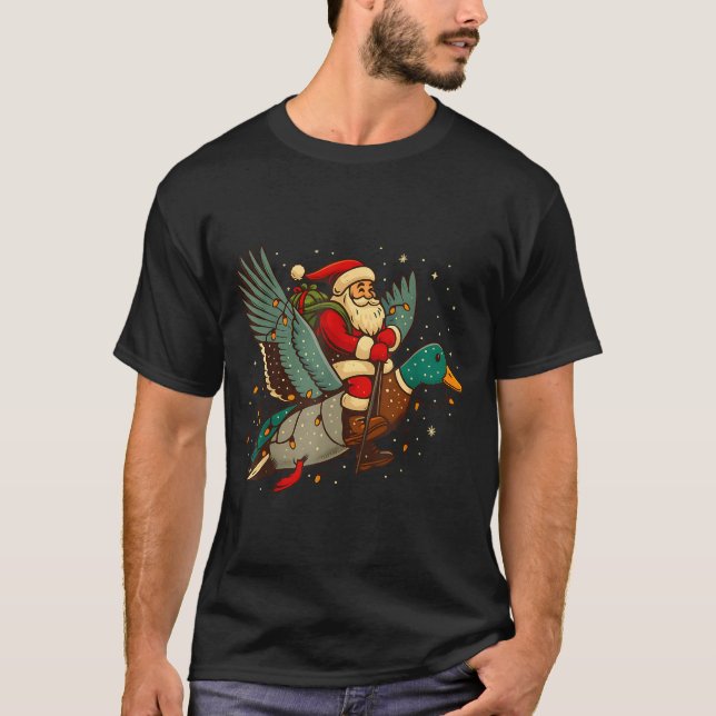 Santa Riding Mallard Duck Funny Christmas Holiday  T-Shirt (Front)