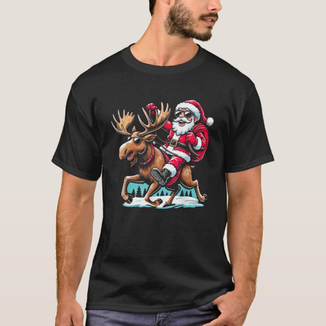 Santa Riding Moose Christmas Xmas  T-Shirt (Front)