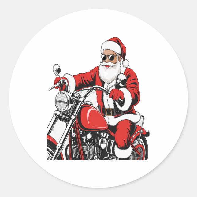 Santa Riding Motorcycle Classic Round Sticker (Front)
