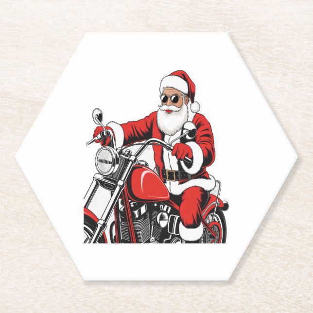 Santa Riding Motorcycle Paper Coaster (Front)