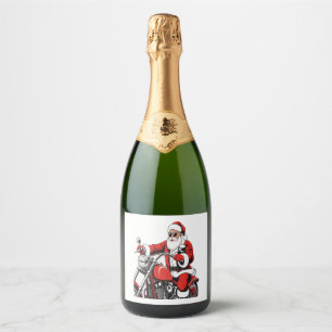 Santa Riding Motorcycle Sparkling Wine Label