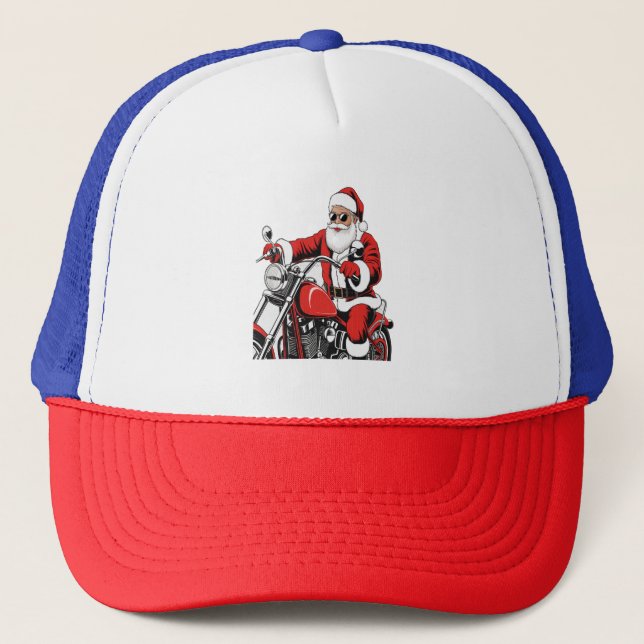 Santa Riding Motorcycle Trucker Hat (Front)