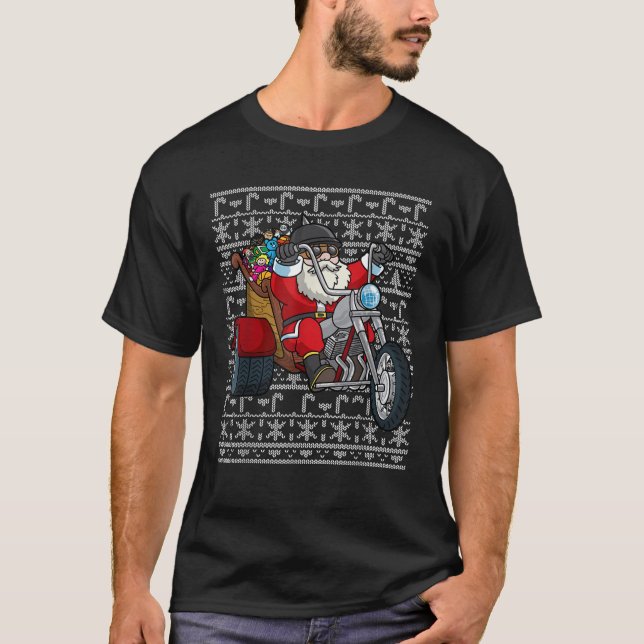 Santa Riding Motorcycle Ugly Christmas Biker Motor T-Shirt (Front)