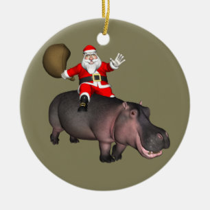 Santa Riding On Hippo Ceramic Tree Decoration