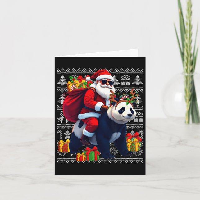 Santa Riding Panda Christmas Lights Ugly Christmas Card (Front)