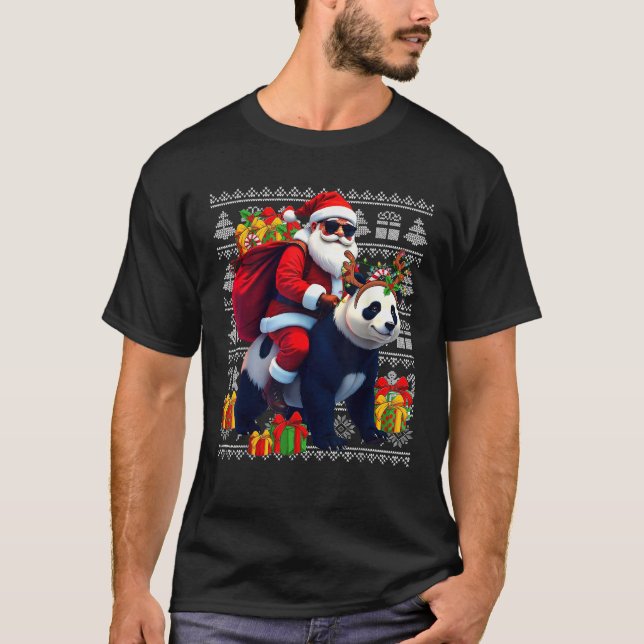 Santa Riding Panda Christmas Lights Ugly Christmas T-Shirt (Front)