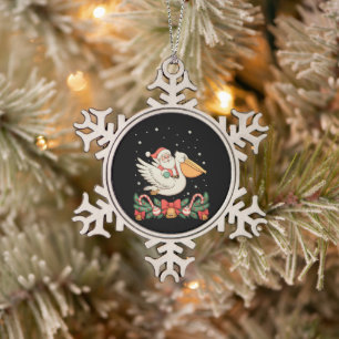 Santa Riding Pelican Bird Christmas Xmas Holiday Snowflake Pewter Christmas Ornament