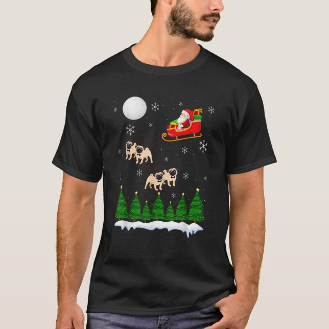 Santa Riding Pug Sleigh Christmas Pug Reindeer  T-Shirt (Front)