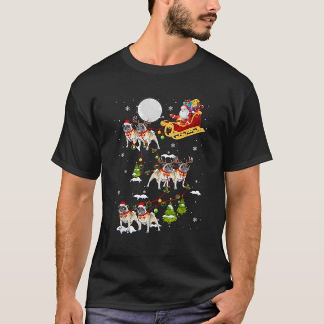 Santa Riding Pug Sleigh Christmas Pug Reindeer  T-Shirt (Front)