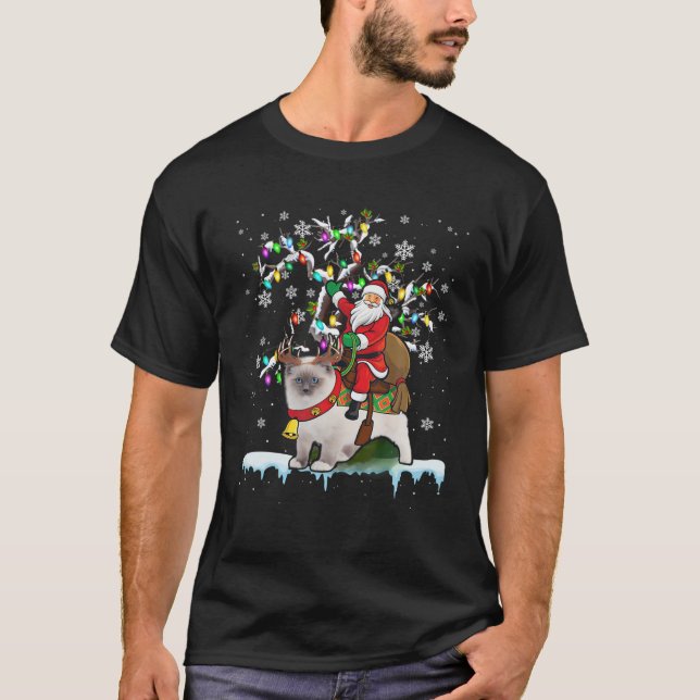 Santa Riding Ragdoll Cat Xmas Tree Santa Cat Lover T-Shirt (Front)