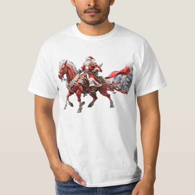 Santa Riding red horse with sword in hip T-Shirt (Front)