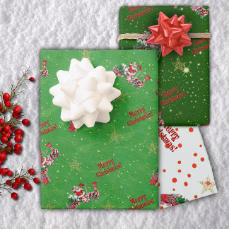 Santa Riding Red Train Gold Stars Merry Christmas Wrapping Paper Sheet