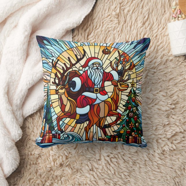 Santa riding reindeer among festive decorated tree cushion (Blanket)