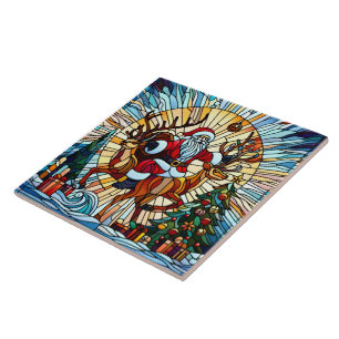 Santa riding reindeer among festive decorated tree tile