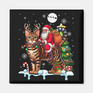 Santa Riding Reindeer Bengal Cat Xmas Tree Colorfu Magnet