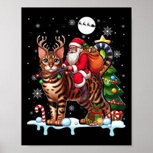 Santa Riding Reindeer Bengal Cat Xmas Tree Colorfu Poster
