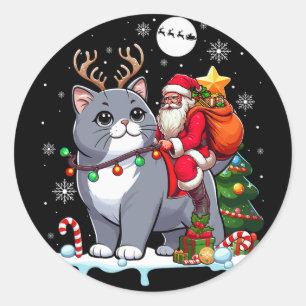 Santa Riding Reindeer British Shorthair Xmas Tree Classic Round Sticker