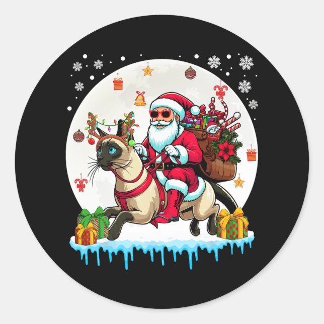 Santa Riding Reindeer Burmese Cat Christmas Owner  Classic Round Sticker (Front)