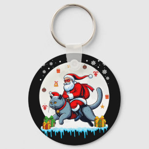 Santa Riding Reindeer Chartreux Cat Christmas Owne Key Ring