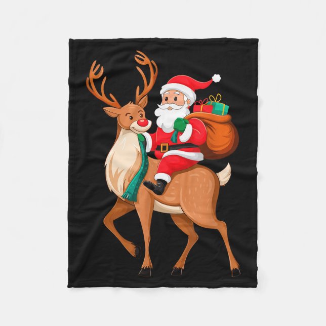 Santa Riding Reindeer Christmas Men Boys Kids Teen Fleece Blanket (Front)