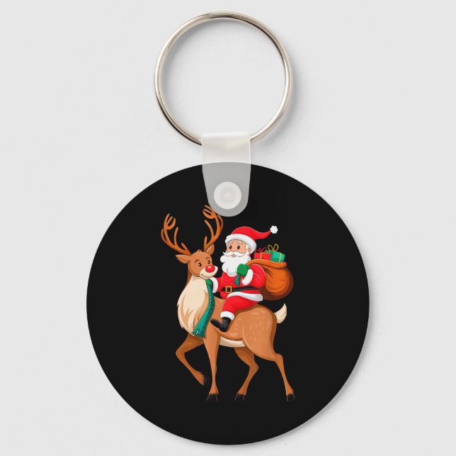 Santa Riding Reindeer Christmas Men Boys Kids Teen Key Ring (Front)
