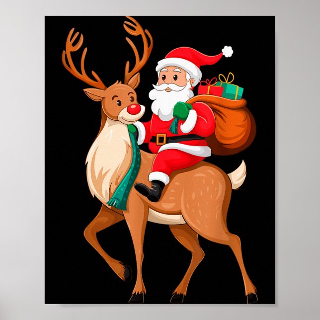Santa Riding Reindeer Christmas Men Boys Kids Teen Poster (Front)