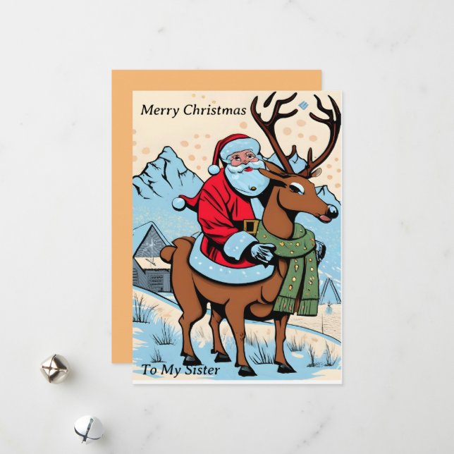 Santa Riding Reindeer Customisable Holiday Card (Front/Back In Situ)