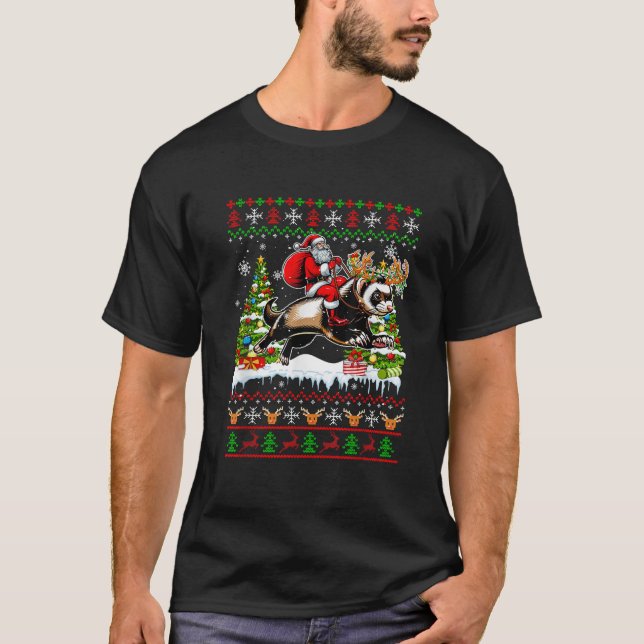 Santa Riding Reindeer Ferret Xmas Kids Family Swea T-Shirt (Front)