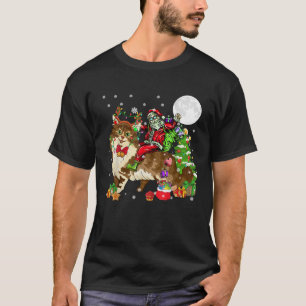 Santa Riding Reindeer Maine Coon Cat Christmas Tre T-Shirt