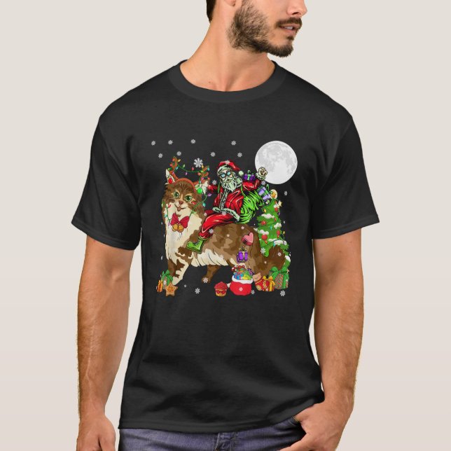 Santa Riding Reindeer Maine Coon Cat Christmas Tre T-Shirt (Front)