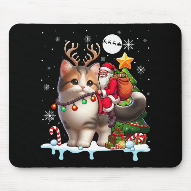 Santa Riding Reindeer Munchkin Cat Xmas Tree Colou Mouse Mat (Front)