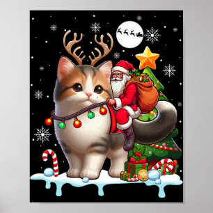 Santa Riding Reindeer Munchkin Cat Xmas Tree Colou Poster