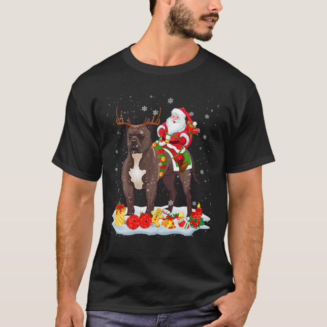 Santa Riding Reindeer Pit Bull Xmas Santa Reindeer T-Shirt (Front)