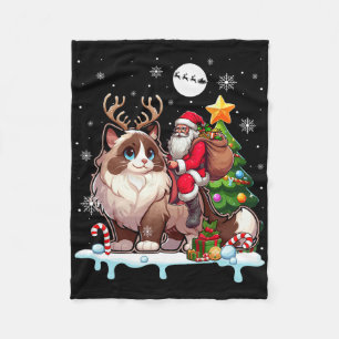 Santa Riding Reindeer Ragdoll Cat Xmas Tree Colorf Fleece Blanket