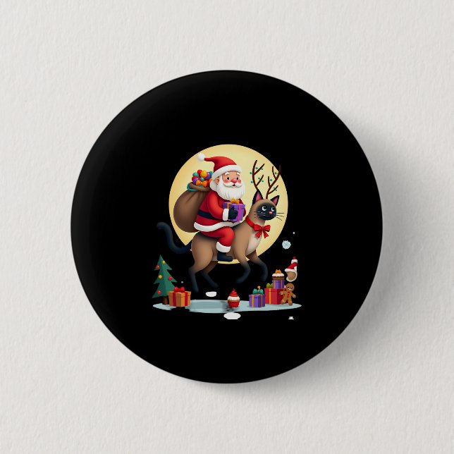 Santa Riding Reindeer Siamese Cat Christmas Tree L 6 Cm Round Badge (Front)