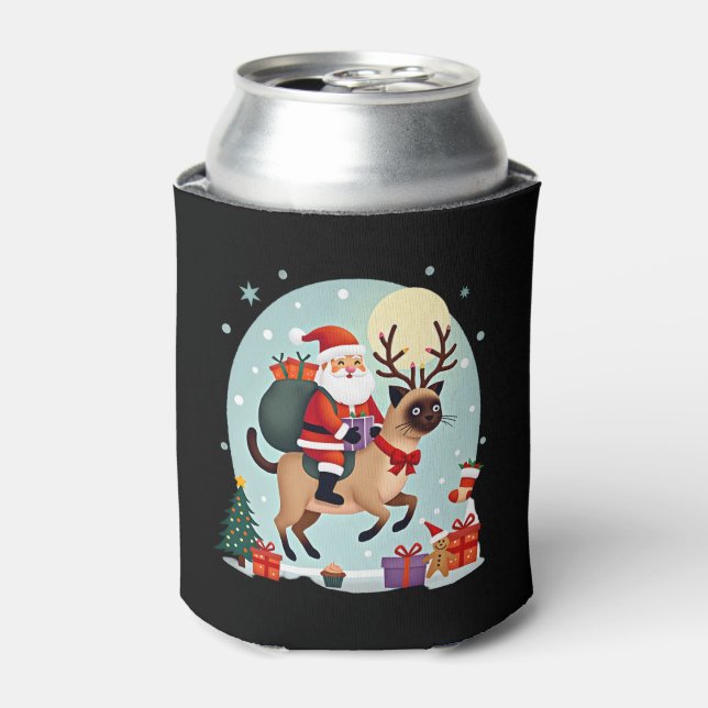 Santa Riding Reindeer Siamese Cat Christmas Tree L Can Cooler (Can Front)