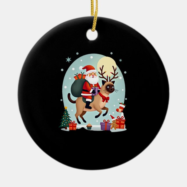 Santa Riding Reindeer Siamese Cat Christmas Tree L Ceramic Tree Decoration (Front)
