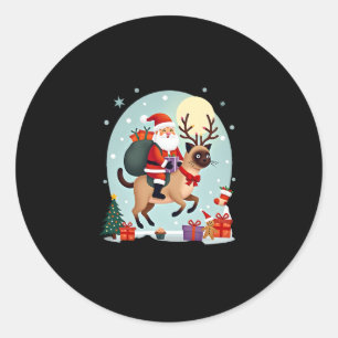 Santa Riding Reindeer Siamese Cat Christmas Tree L Classic Round Sticker