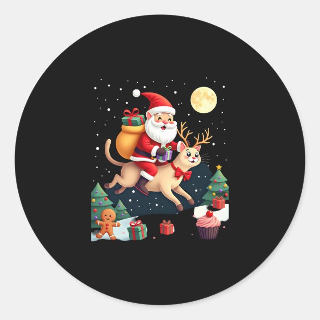 Santa Riding Reindeer Siamese Cat Christmas Tree L Classic Round Sticker (Front)